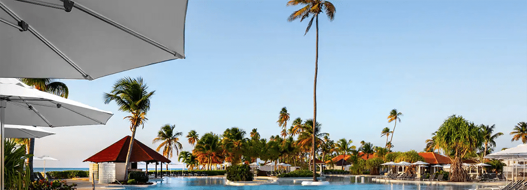 Hyatt Regency Coco Beach Swimming Pool with palm trees and cabanas against a clear blue sky.