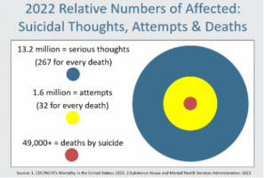 Circular graphic showing 2022 Relative Numbers of Affected: Suicidal Thoughts, Attempts, & Deaths - 13.2 million serious thoughts, 1.6 million attempts, 49000 deaths by suicide