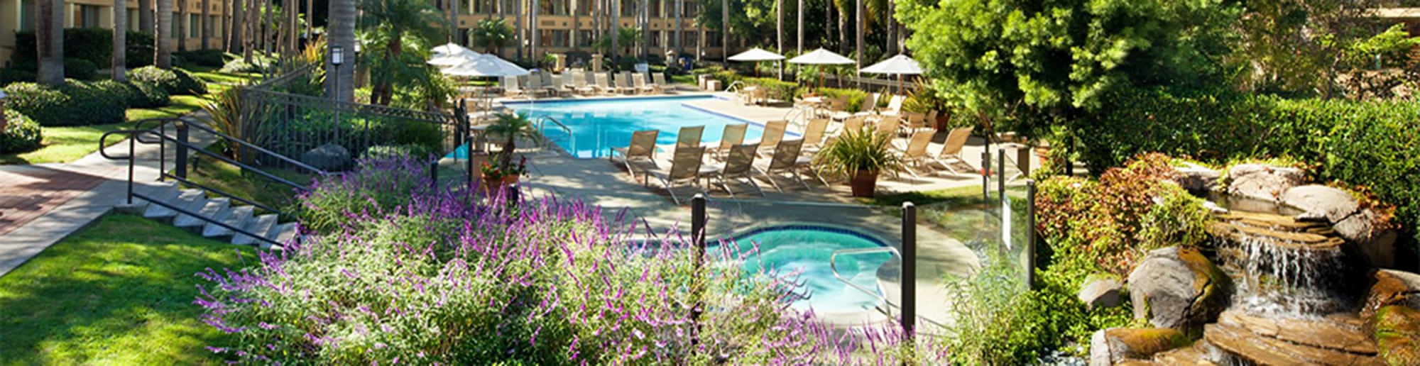 Pool and hot tub at the Sheraton La Jolla surrounded by palm trees, lush foliage, and a stone waterfall.